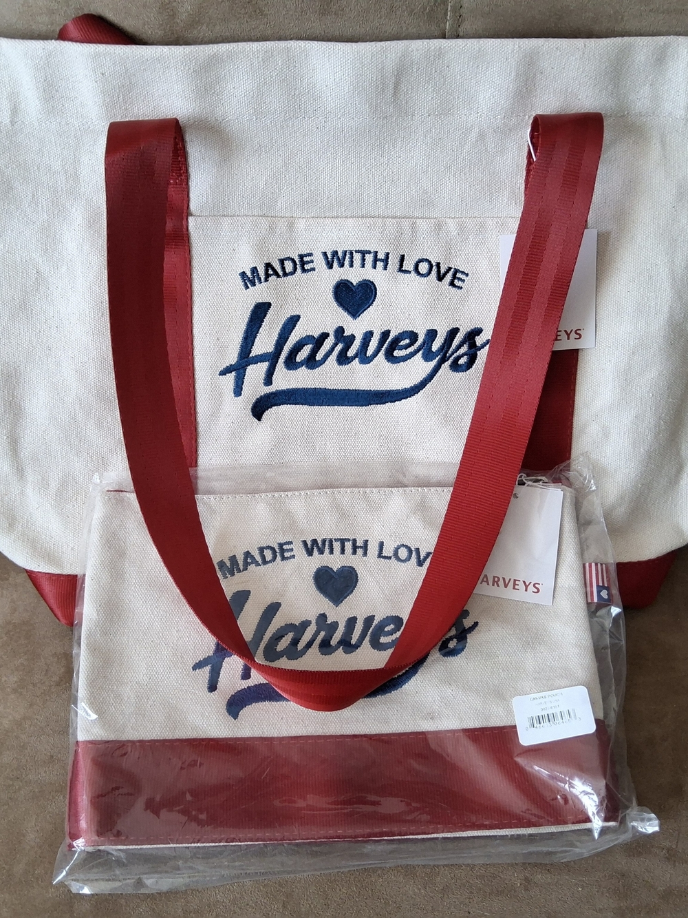 Harveys Canvas Tote Bag Set with Red Straps and Trim